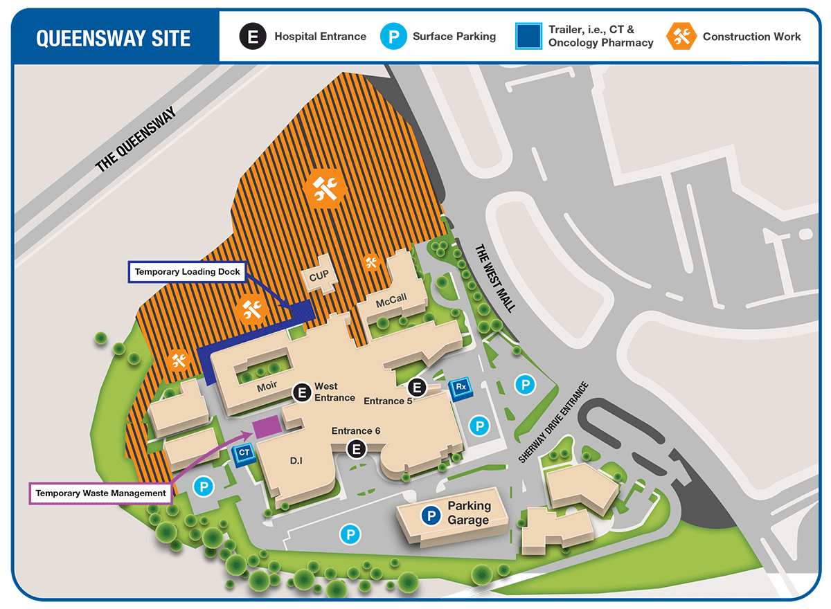 QHC Construction Map: (NEW): Starting with February 27, the existing loading dock is closed, with a temporary one in place until the new patient tower is complete. All hospital traffic, including Shipping and Receiving, is directed through the south signalized intersection.;
At Queensway Health Centre, new parking garage is now open on the south side, accessible from entrance across the Sherway Drive. Sherway Drive is the only Entrance and Exit point for all staff, patients and visitors. North entrance is for construction access only. Starting on March 18, 2024 construction will take place along the West Mall Road. Due to this, the following temporary closures and reductions will occur from March 18 – April 1, 2024: Temporary closure of the West Mall bus stop, and Temporary lane reduction on West Mall Road.
